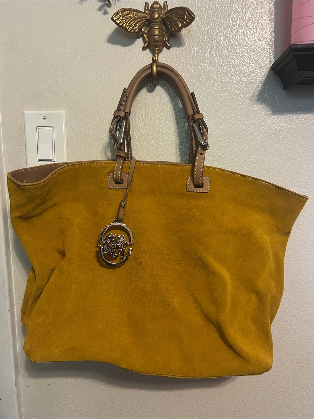 Lottusse Mustard Suede Tote Bag with leather top handles